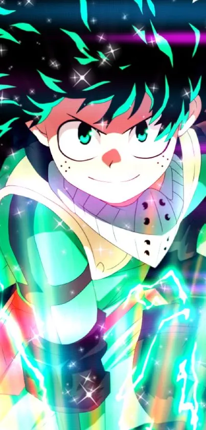 Energetic anime hero with teal hues and dynamic effects.