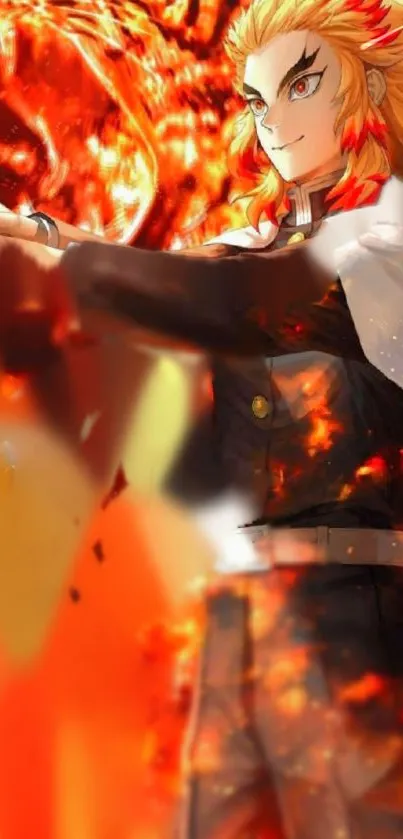 Anime hero surrounded by fiery flames.