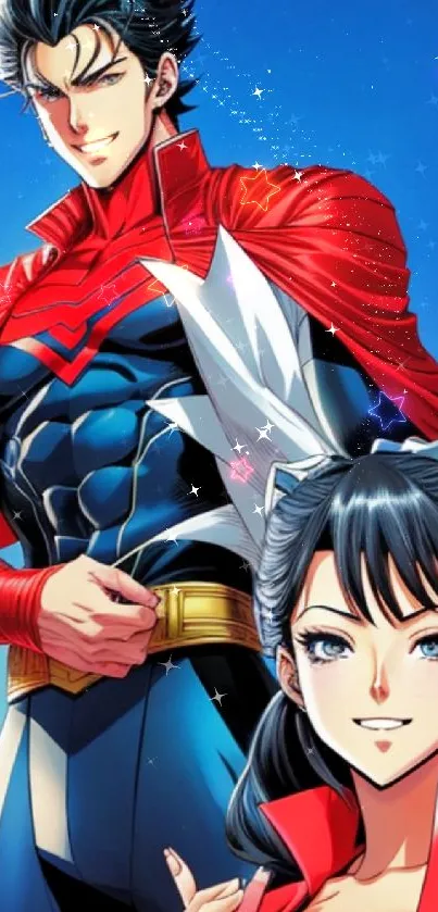 Anime superheroes in red and blue, vibrant wallpaper.