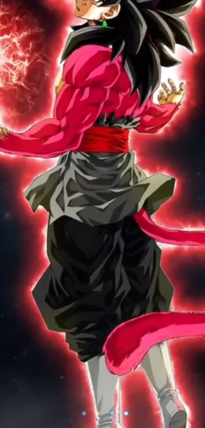 Anime hero with red aura and energy blast on dark background.