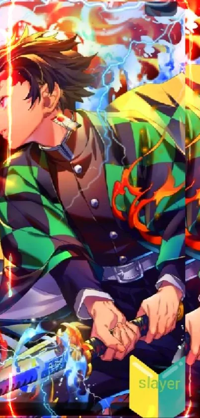 Anime hero with green and black jacket in action pose on vibrant wallpaper.