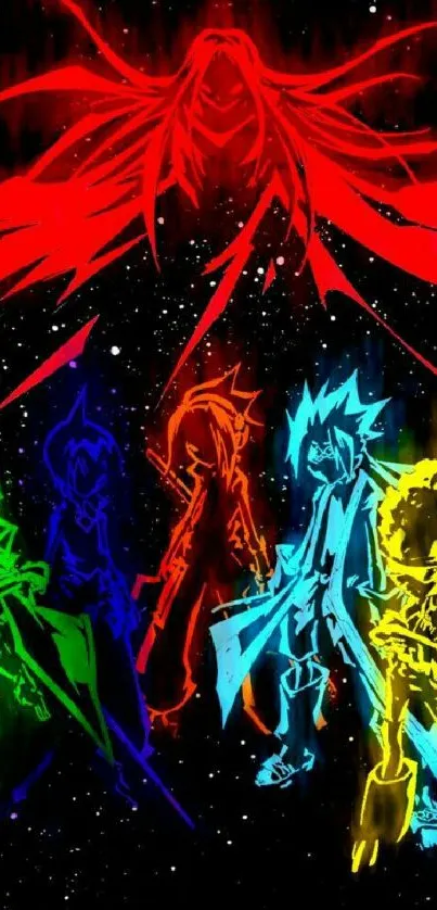 Vibrant anime heroes in red cosmic scene.