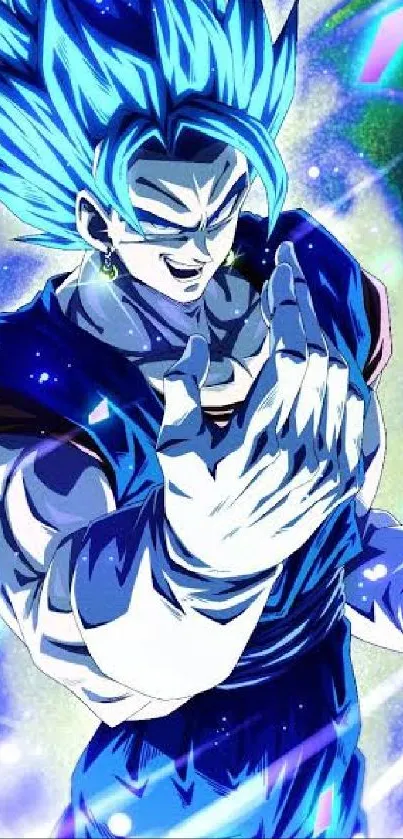 Dynamic anime hero in vibrant blue with energy aura.