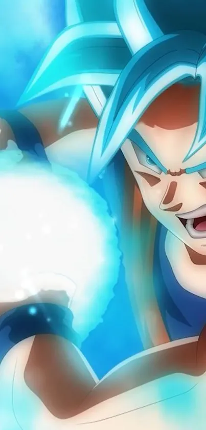 Anime hero in dynamic pose with blue energy background.