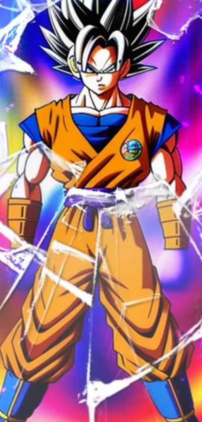 Anime hero with shattered glass effect in vibrant orange and blue hues.