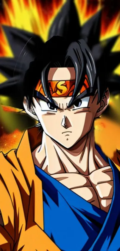 Anime character with vibrant orange attire and a fiery aura.