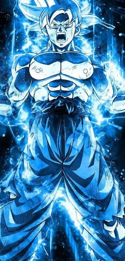 Dynamic anime hero radiating electrifying blue energy in a striking pose.