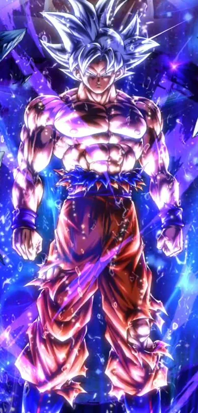 Vibrant anime hero standing with energetic purple and blue background.