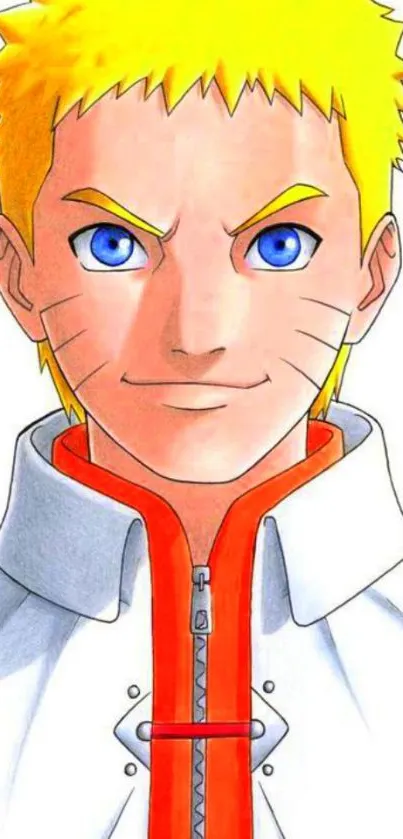 Anime hero with bright yellow hair and blue eyes on a mobile wallpaper.