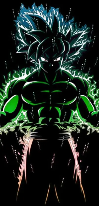 Vibrant anime hero with glowing aura in black background.