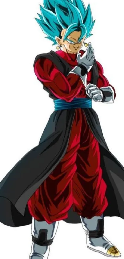 Anime hero with blue hair and red outfit on a white background.