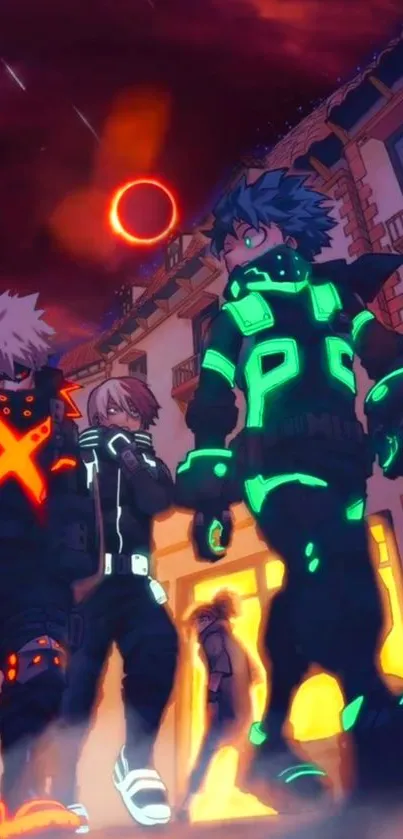 Anime heroes with neon accents in a vibrant setting.