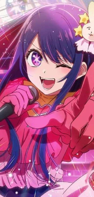 Anime idol with mic and vibrant colors, pink theme.