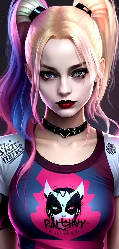 Anime-inspired character with vibrant pigtails and expressive makeup on a dark background.