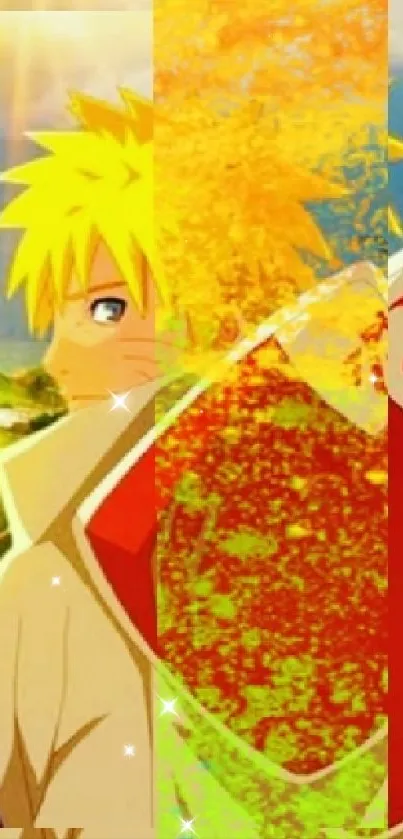Anime character with vibrant colors and scenic landscape background.