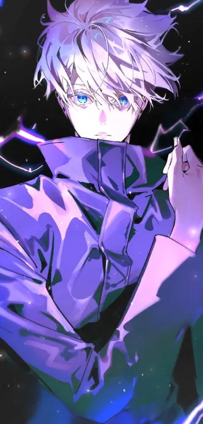 Anime character with bright lightning and purple tones in a dynamic scene.