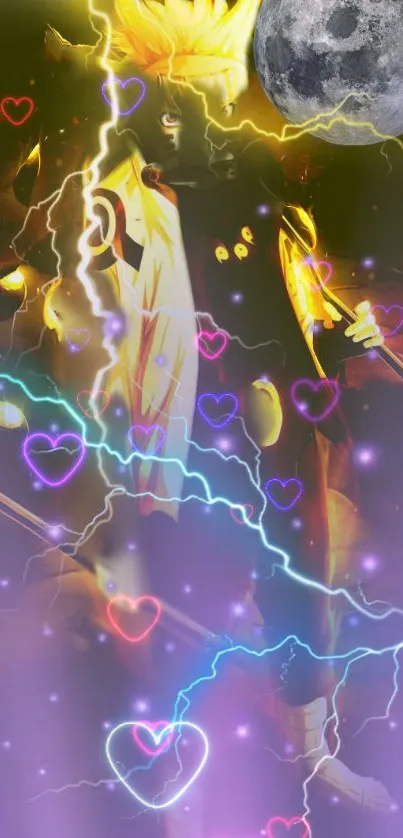 Anime wallpaper with lightning, hearts, and moon.