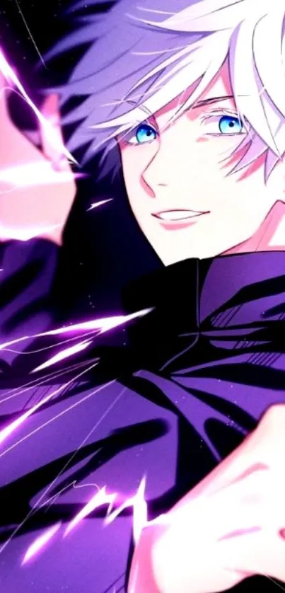 Anime character with lightning, white hair, and vibrant colors on dark background.