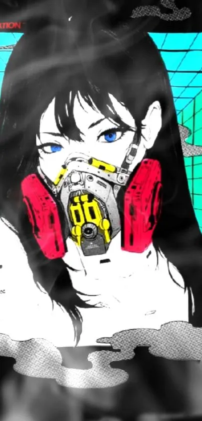 Anime character with gas mask and aqua background.