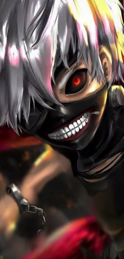 Anime character with mask, red eyes, and white hair in dark vibrant design.