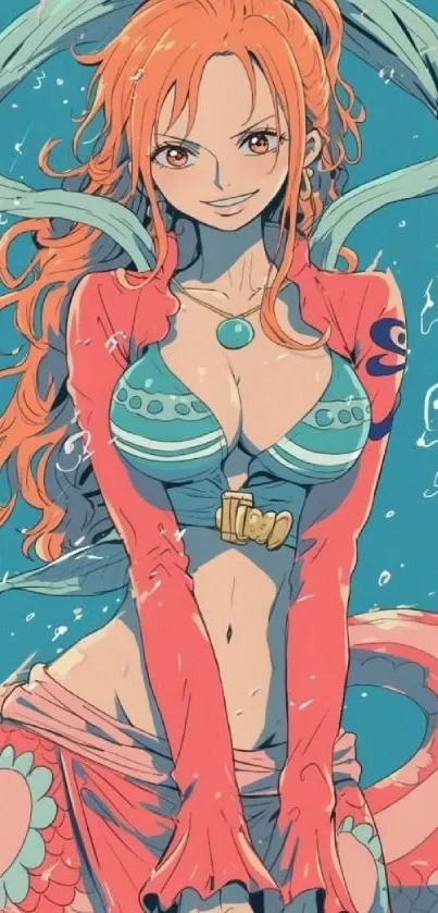 Vibrant anime mermaid wallpaper with teal and coral hues.