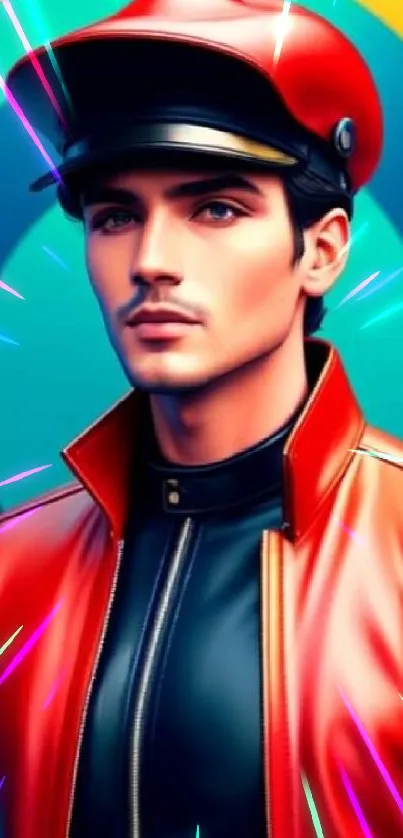 Anime-inspired character in red jacket against colorful, abstract background.