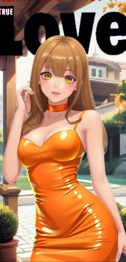 Anime girl in orange dress in outdoor setting.