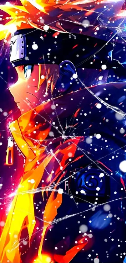 Anime character with vibrant colors and snowflakes in dynamic composition.