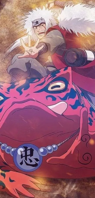 Anime warrior riding vibrant giant toad in magical scene.