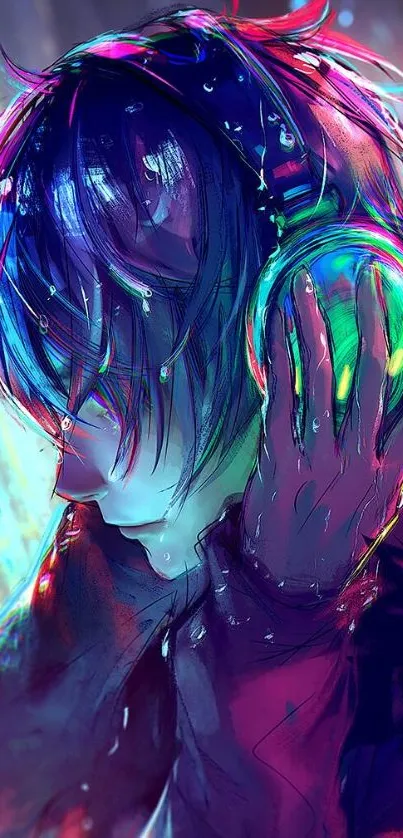 Anime character with colorful headphones in abstract lights.