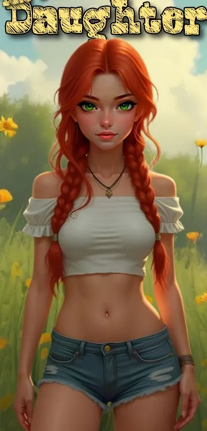 Anime girl with red hair in sunflower field.