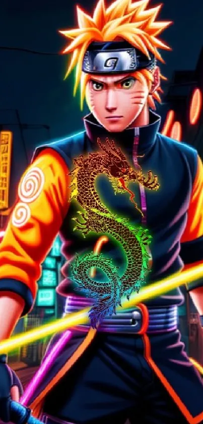 Anime character in neon-lit urban scene.