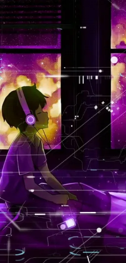 Anime child with headphones in a vibrant purple night scene.