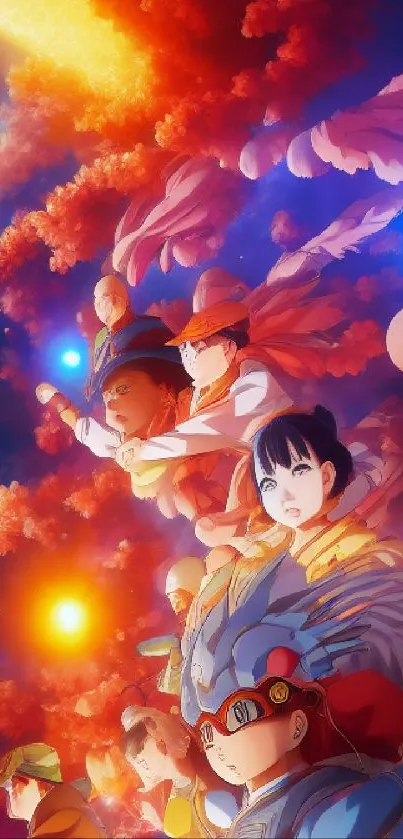 Anime characters under a vibrant, colorful night sky with celestial elements.
