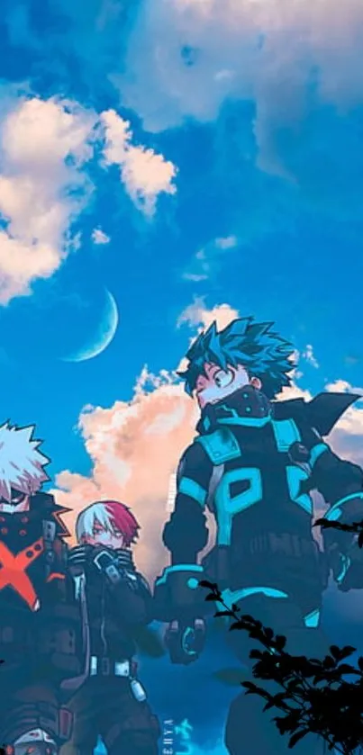 Anime heroes beneath a vibrant, moonlit night sky.