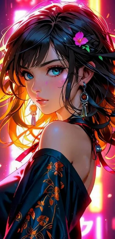 Anime girl with neon lights background wallpaper.