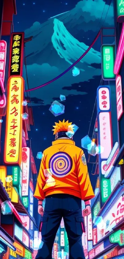 Anime character stands under neon-lit night sky with mountain view.