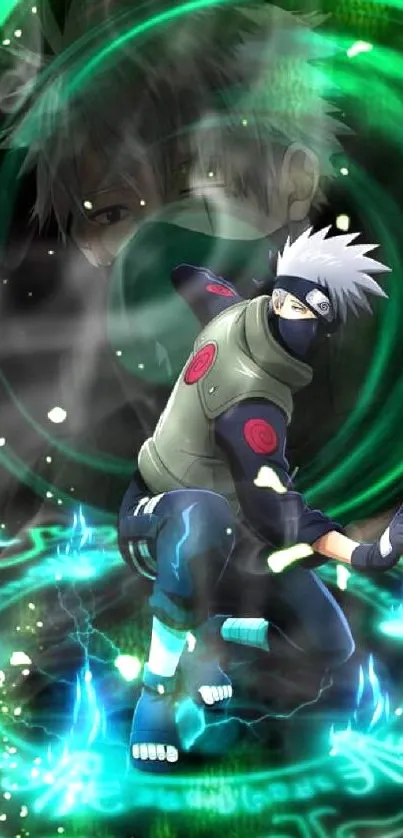 Anime ninja character with green swirling energy in dynamic action pose.