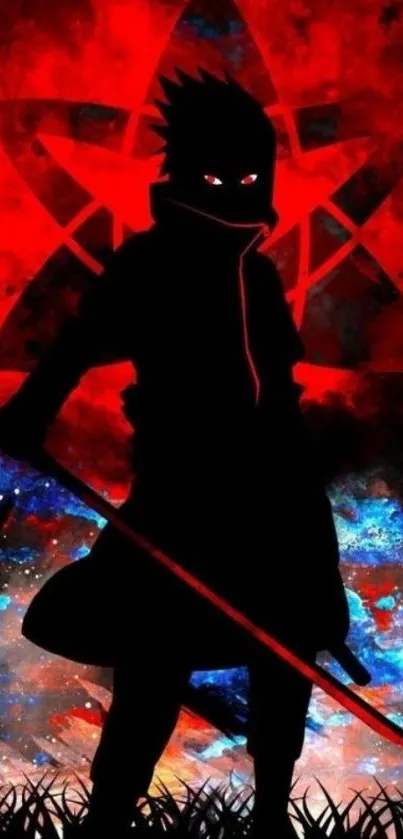 Anime ninja silhouette with vibrant red and blue cosmic background.