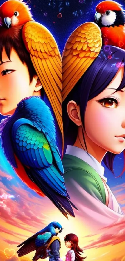 Vibrant anime wallpaper with colorful parrots and characters in a fantasy scene.