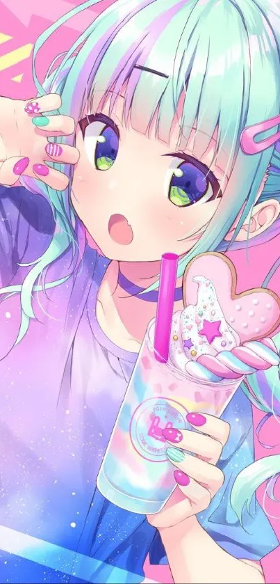 Anime girl with pastel hair holding a colorful drink on a pink background.