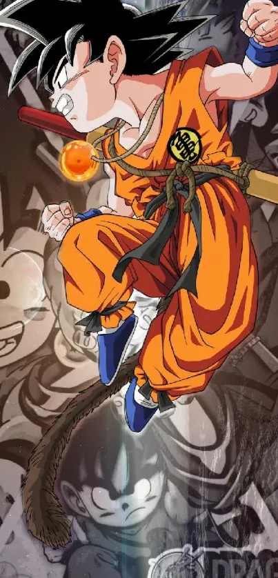 Dynamic anime character in vibrant orange attire jumps with energy.