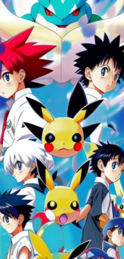 Anime wallpaper featuring Pikachu and four young characters in a blue theme.