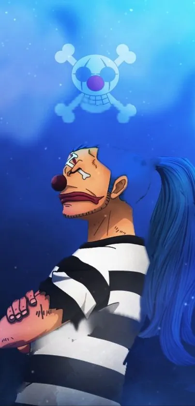 Anime pirate with blue hair and vibrant background design.