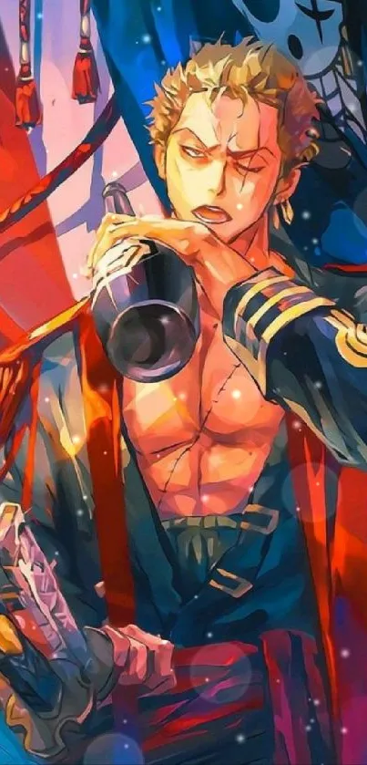 Vibrant anime pirate character holding a bottle with dramatic red lighting.