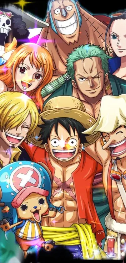 Colorful anime pirate crew wallpaper for mobile phones.