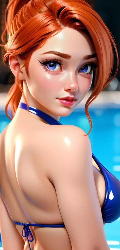 Anime girl with red hair in blue bikini by pool.