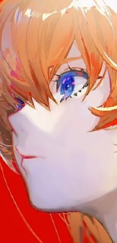 A vibrant anime character portrait with orange hair and a red background.