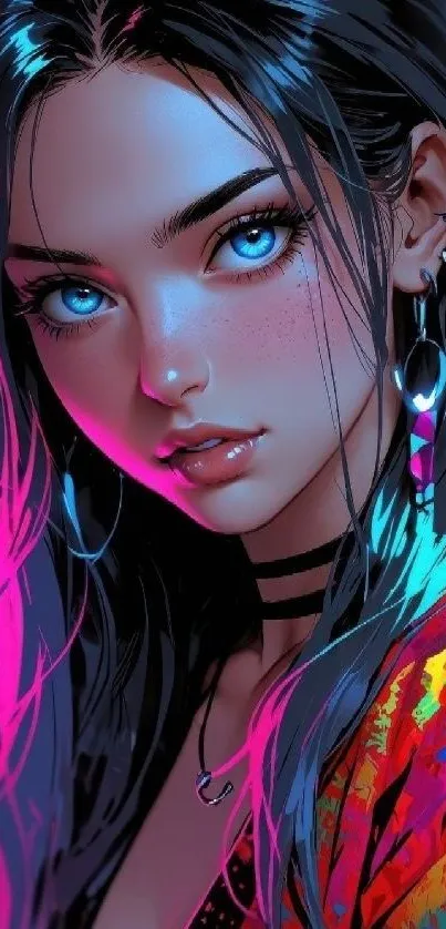 Vibrant anime girl with neon accents.