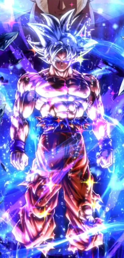 Anime character exuding vibrant energy with a powerful blue aura.